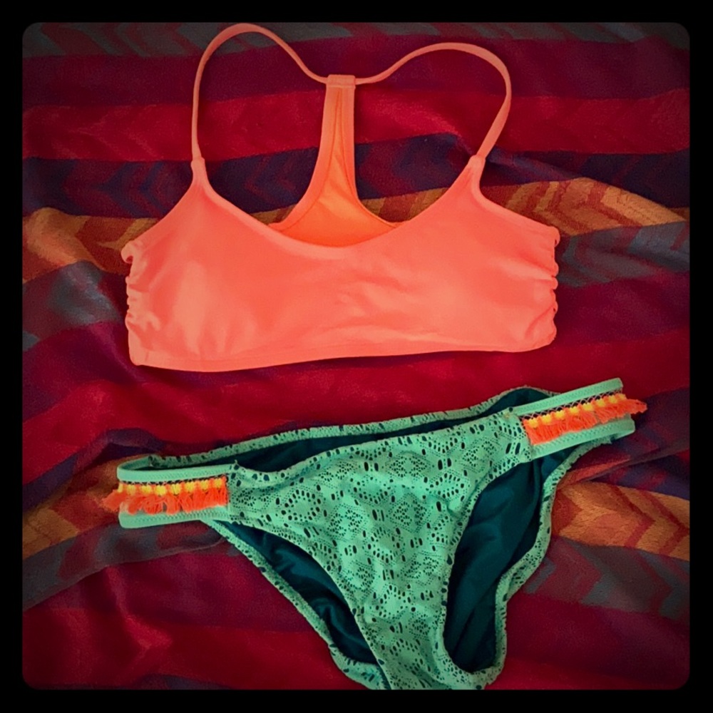 Orange and teal swimsuit